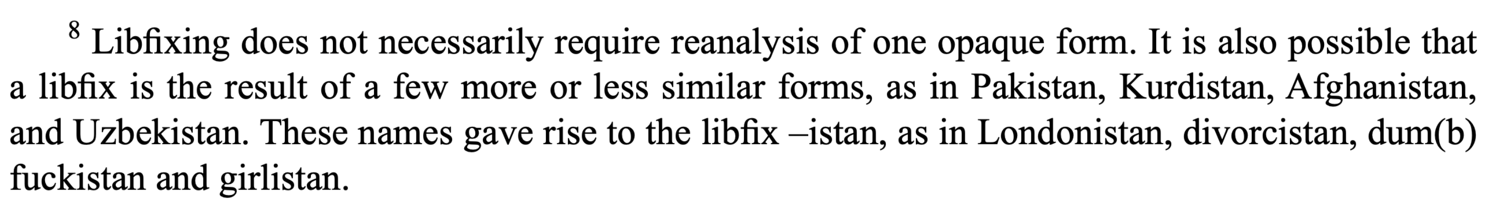 A screenshot that reads, 'Libfixing does not necessarily require reanalysis of one opaque form. It is also possible that a libfix is the result of a few more or less similar forms, as in Pakistan, Kurdistan, Afghanistan, and Uzbekistan. These names gave rise to the libfix <em>‒istan</em>, as in Londonistan, divorcistan, dum(b)fuckistan and girlistan.'